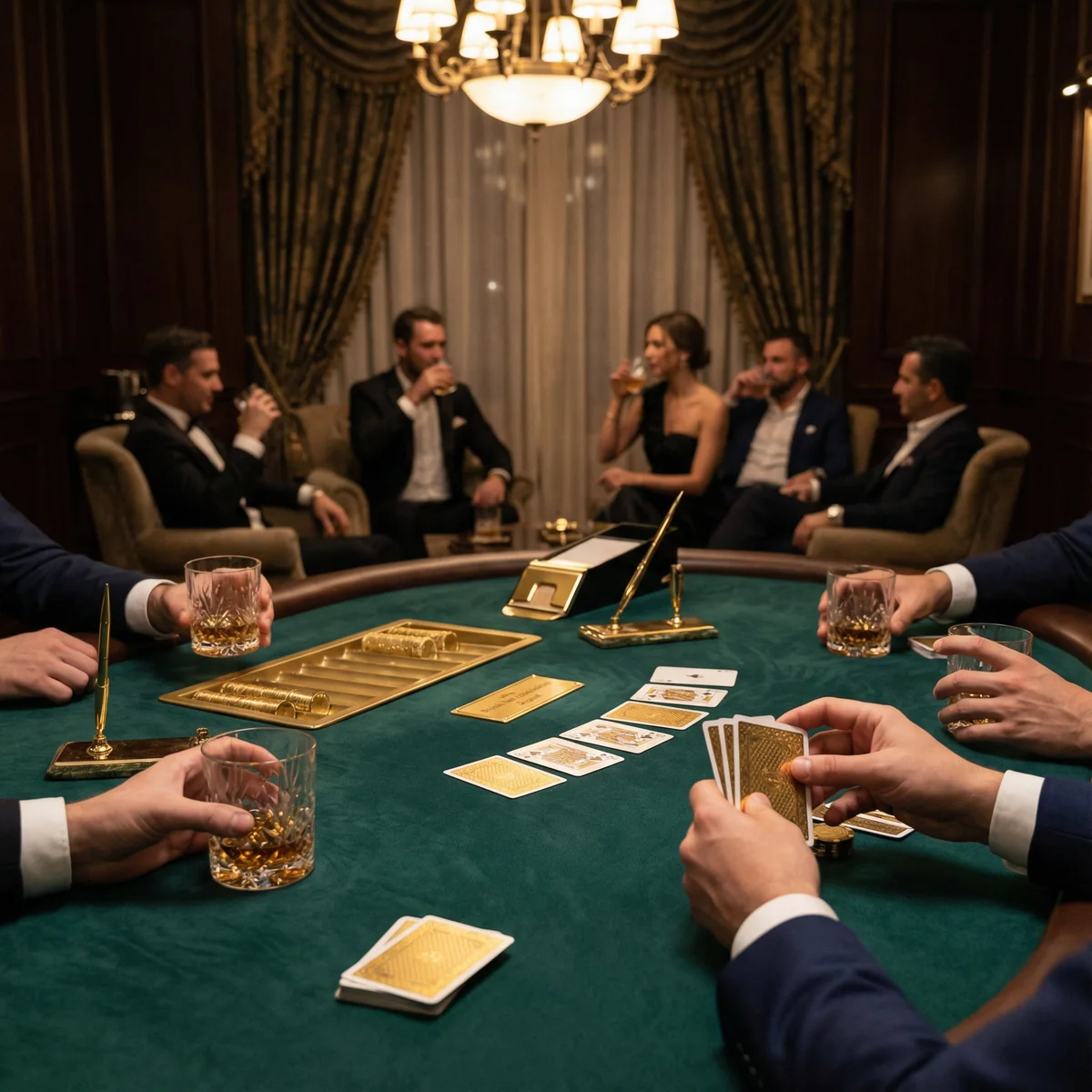 Mesa de bacará elegante com cartas douradas